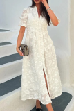 White Casual V Neck Short Sleeve Jacquard Buckle Side Slip Vacation A Line Maxi Dresses