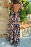 Casual Leopard Backless O Neck Sleeveless Tank Crop Tops And Pleated Maxi Skirt Vacation Two Pieces Dress Sets