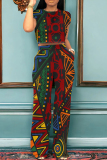 Red Yellow Casual Boho Graphics Print O Neck Short Sleeve Vacation Crop Tops And Wide Leg Pants Two Pieces Trouser Set