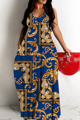 Navy Blue Graphics Print Backless Spaghetti Strap Floor Length Vacation Baggy Sundress Slip Maxi Dress