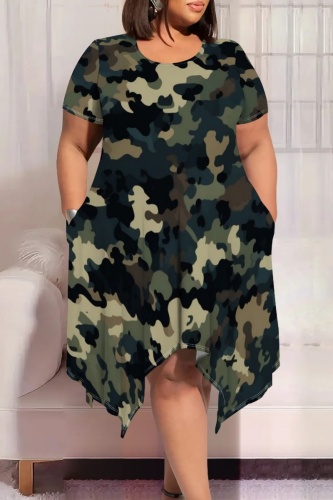 Women Dress Camouflage Print O Neck Mini Sexy Dress Short Sleeve Stretch Casual Plus Size Dress Army Green