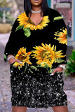 Black Orange Casual Floral Print V Neck Short Sleeve Loose Pockets Midi T-Shirt Dress
