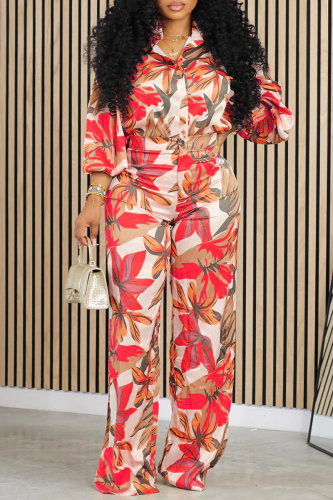 Yellow Leaf Print Lapel Collar Long Sleeve Blouse And Wide Leg Pants Casual Vacation Two Pieces Trouser Sets Yellow Leaf Print Lapel Collar Long Sleeve Blouse And Wide Leg Pants Casual Vacation Two Pieces Trouser Sets