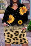 Black Orange Casual Floral Print V Neck Short Sleeve Loose Pockets Midi T-Shirt Dress