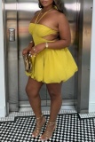 Yellow Backless Sleeveless Bubble Hem Belted Hollow Out Formal Office Lady Halter A Line Mini Dresses