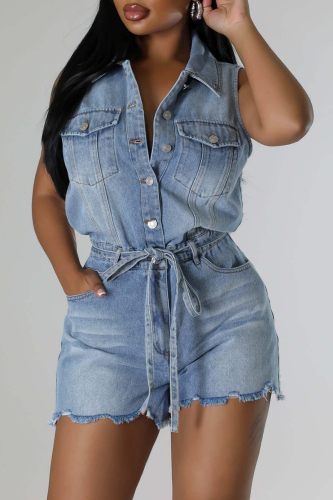 Blue Street Turndown Collar Sleeveless Pocket Buckle Strap Design Distressed Denim Jumpsuits