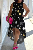 Yellow Blue Casual Boho Graphics Print Sleeveless O Neck Irregular Hem Vacation Plus Size Tank Dresses
