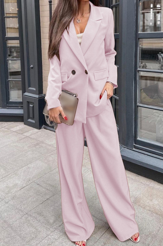 Apricot Casual Turn-back Collar Long Sleeve Blazer And Wide Leg Pants Buttons Formal Party Evening Two Pieces Suit Sets