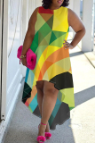 Yellow Blue Casual Boho Graphics Print Sleeveless O Neck Irregular Hem Vacation Plus Size Tank Dresses