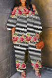 White Orange Halloween Floral Print Off Shoulder Long Sleeve Casual Vacation Harem Leg Jumpsuits