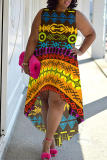 Yellow Blue Casual Boho Graphics Print Sleeveless O Neck Irregular Hem Vacation Plus Size Tank Dresses