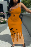 Dark Gray Graphics Print Sleeveless Backless Square Neck Vacation Bodycon Maxi Slip Dress