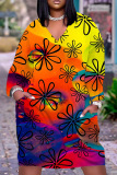 Orange Casual Floral Print V Neck Short Sleeve Loose Pockets Midi T-Shirt Dress