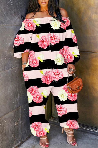 Black Pink Halloween Floral Print Off Shoulder Long Sleeve Casual Vacation Harem Leg Jumpsuits