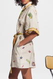 Apricot Casual Graffiti Print Lace Up Turndown Collar Short Sleeve Vacation Mini Shirt Dress