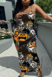 Orange Halloween Pumpkin Print Sleeveless Backless Square Neck Vacation Bodycon Maxi Slip Dress