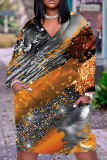 Orange Casual Floral Print V Neck Short Sleeve Loose Pockets Midi T-Shirt Dress