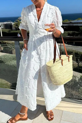 White Casual V Neck Short Sleeve Jacquard Buckle Side Slip Vacation A Line Maxi Dresses