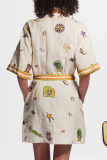 Apricot Casual Graffiti Print Lace Up Turndown Collar Short Sleeve Vacation Mini Shirt Dress