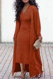 Black Casual Striped Print Long Sleeve Cape Coat And V Neck Bodycon Midi Dress Vacation Plus Size Two Piece Sets