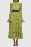 Olive Green Lace Flower Print Casual Mandarin Collar Long Sleeve Hollow Out With Belt Vacation Embroidered Crochet Dress