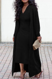 Black Casual Striped Print Long Sleeve Cape Coat And V Neck Bodycon Midi Dress Vacation Plus Size Two Piece Sets