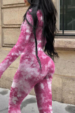 Blue Casual Tie Dye Print Zipper O Neck Long Sleeve Skinny Jumpsuits One Piece Bodysuit