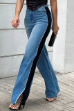 Blue Casual Mid Waist Side Slit Straight Leg Denim Jeans