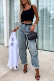 Denim Blue Casual High Waist Distressed Denim Jeans