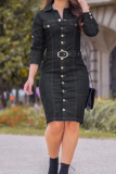 Dark Blue Casual Buttons Turndown Collar Long Sleeve Vacation Denim Midi Dresses