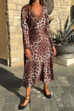 Brown Casual Leopard V Neck Long Sleeve Vacation Midi Dresses