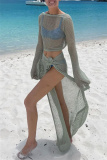 Light Green Long Sleeve Hollow Out See-Through Belted Knitted Crop Tops And Side Slit Maxi Skirt Beach Vacation Two Pieces Dress Sets