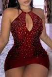Claret Hot Drilling Backless Sleeveless O Neck Hollow Out Wrapped Skirt Formal Evening Party Bodycon Mini Dresses