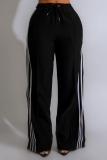 Casual Patchwork Draw String Pocket Contrast Loose Mid Waist Wide Leg Patchwork Bottoms