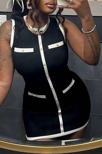 Black Clubwear Sleeveless Party Bodycon Knit Sweater Dress with White Trim and Button Details