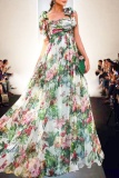 Green Casual Floral Print Backless Square Neck Tie Shoulder Belted Long Vacation Pleated Maxi Dresses