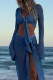 Light Green Long Sleeve Hollow Out See-Through Belted Knitted Crop Tops And Side Slit Maxi Skirt Beach Vacation Two Pieces Dress Sets