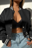 Khaki Casual Buckle O Neck Long Sleeve Leather Varsity Jackets