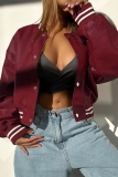 Khaki Casual Buckle O Neck Long Sleeve Leather Varsity Jackets