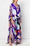 Red Casual Floral Print V Neck Side Slit Long Loose Vacation Boho Maxi Dresses