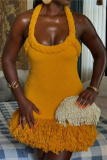 Yellow Sleeveless Fringe Hem Braided Straps Knit Halter Mini Sweater Dress for Summer Outing Beach Vacation