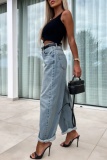 Denim Blue Casual High Waist Distressed Denim Jeans