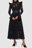 Olive Green Lace Flower Print Casual Mandarin Collar Long Sleeve Hollow Out With Belt Vacation Embroidered Crochet Dress