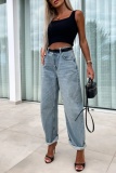 Denim Blue Casual High Waist Distressed Denim Jeans
