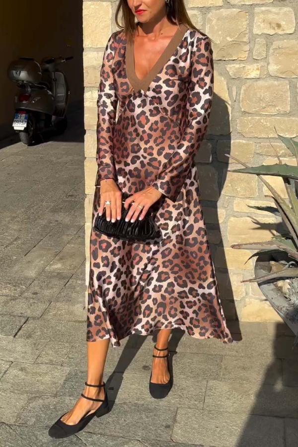 Brown Casual Leopard V Neck Long Sleeve Vacation Midi Dresses