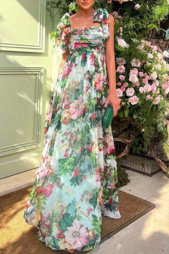 Green Casual Floral Print Backless Square Neck Tie Shoulder Belted Long Vacation Pleated Maxi Dresses