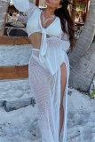 Light Green Long Sleeve Hollow Out See-Through Belted Knitted Crop Tops And Side Slit Maxi Skirt Beach Vacation Two Pieces Dress Sets