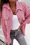 Black Casual Houndstooth Print Pocket Buttons Turndown Collar Long Sleeve Woolen Coat