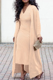 Black Casual Striped Print Long Sleeve Cape Coat And V Neck Bodycon Midi Dress Vacation Plus Size Two Piece Sets