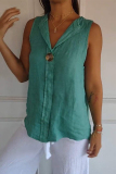 Green Casual Sleeveless Turndown Collar Buttons Vacation Linen Tank Tops